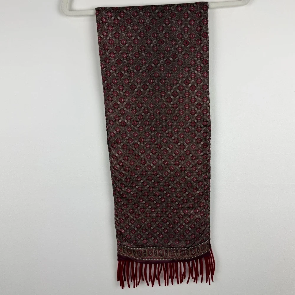 Vintage Reversible Wool Silk Scarf Burgundy Medallion Print Fringe Made in Italy